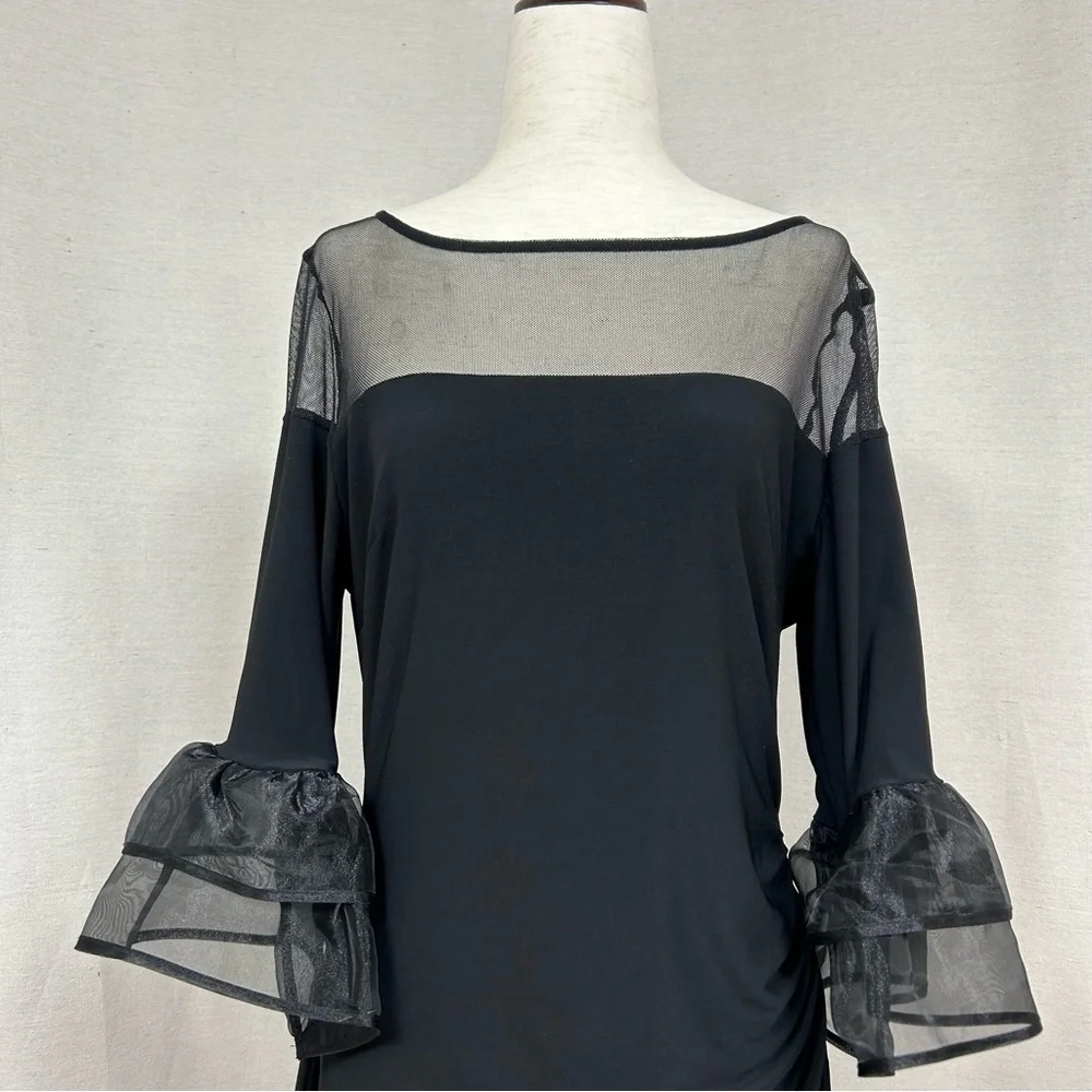 MARINA Black Illusion Yoke Bell Sleeve Sheath Dress Size 10
